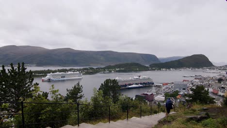 person walking up a hill overlooking ålesund harbor with cruise ships and scenic mountains