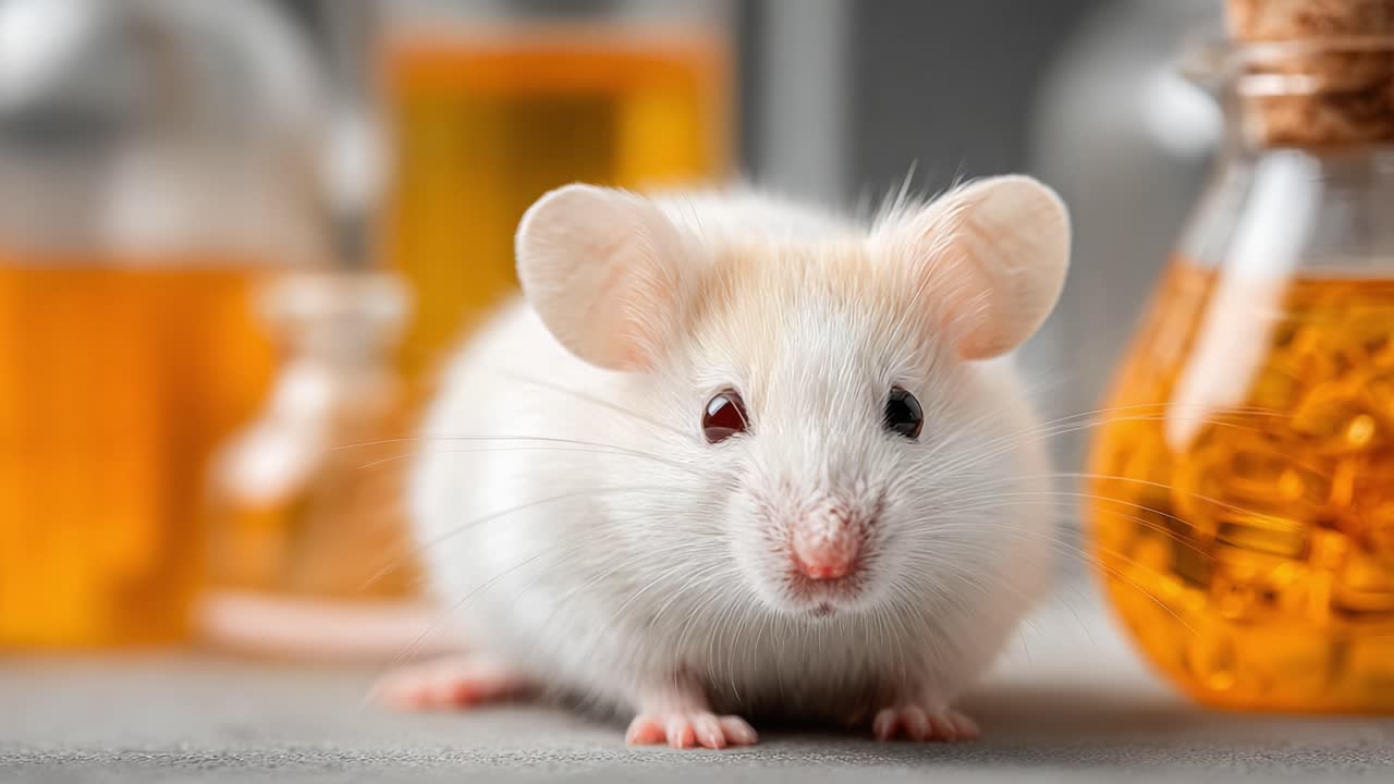 A Close-Up of a Curiously Observant White Mouse Amidst Colorful Laboratory Bottles, Representing Animal Research and Scientific Exploration in a Controlled Environment