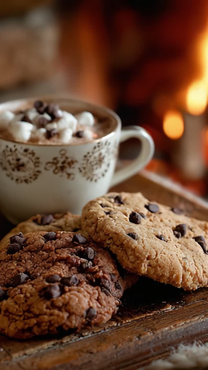 Lasciati avvolgere dal calore: assapora deliziosi biscotti con gocce di cioccolato e cioccolata calda accanto al fuoco accogliente, perfetto per una fuga serale invernale, creando momenti memorabili