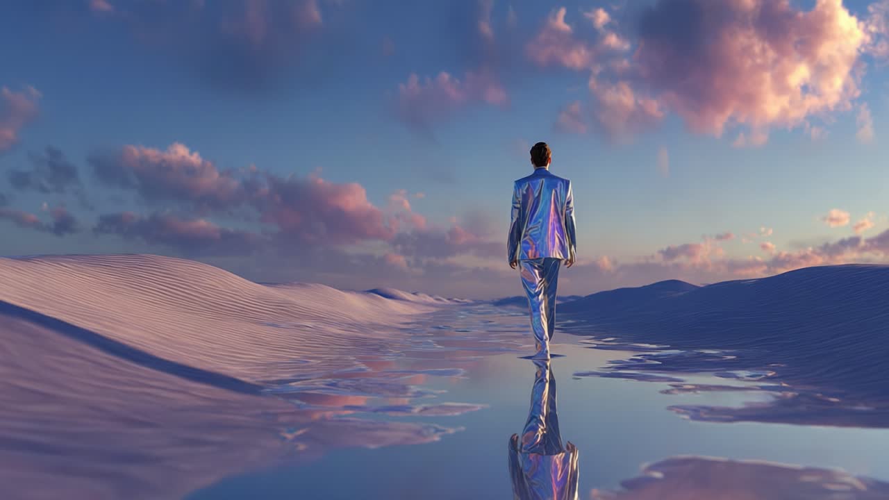 A person in a suit walking through a desert landscape at sunset