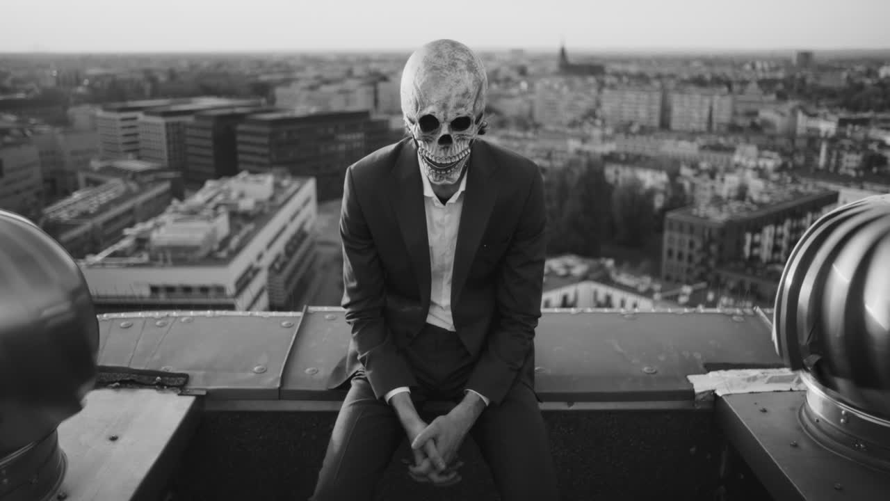 Person in a skull mask sitting on a city rooftop