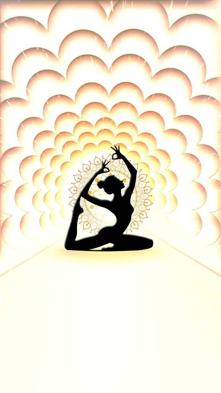 Silhouette in meditazione in posizione del loto ornamenti mandala psichedelici lucidi flusso di energia astratto e luminoso