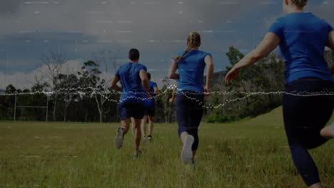 animation of data processing over group of men and women running