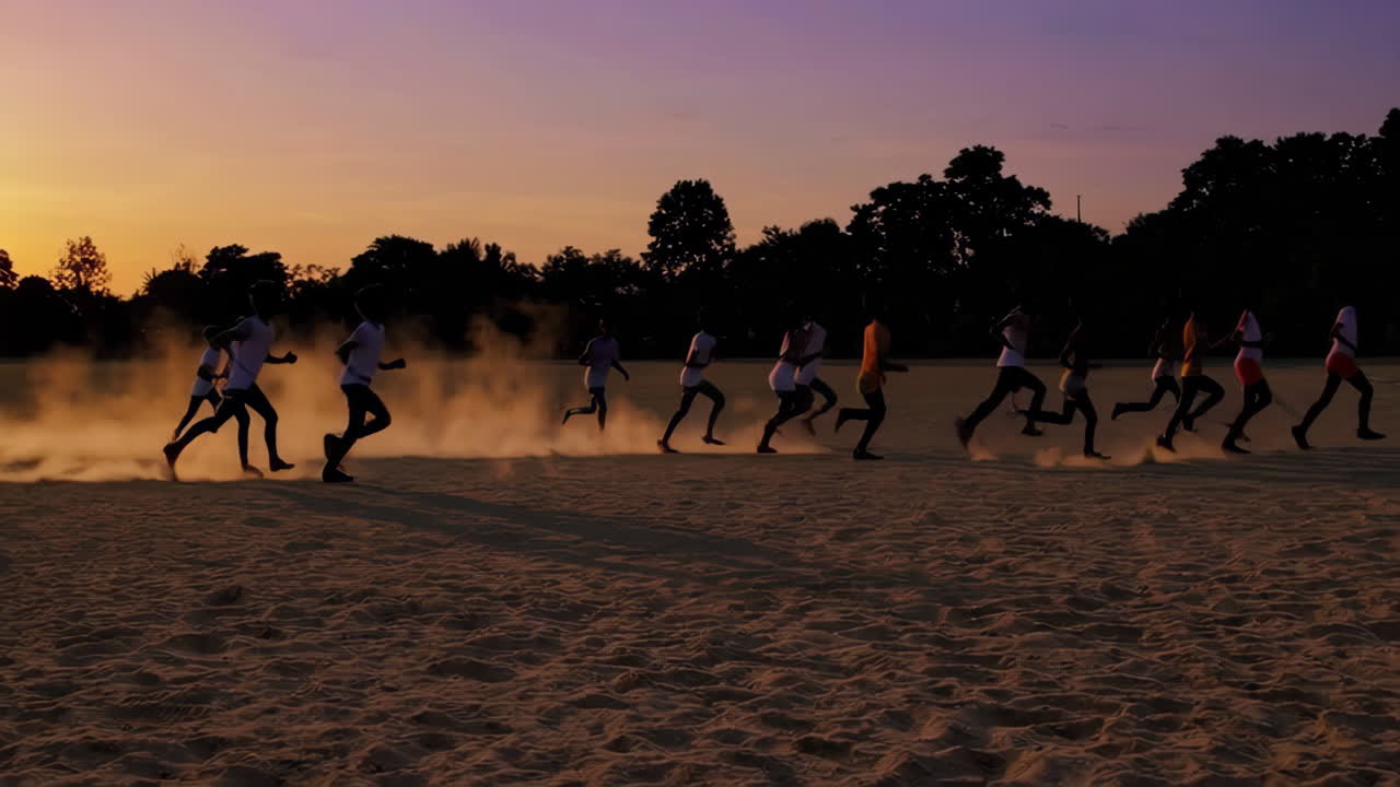 Group of Runners Kicking Up Dust at Sunset