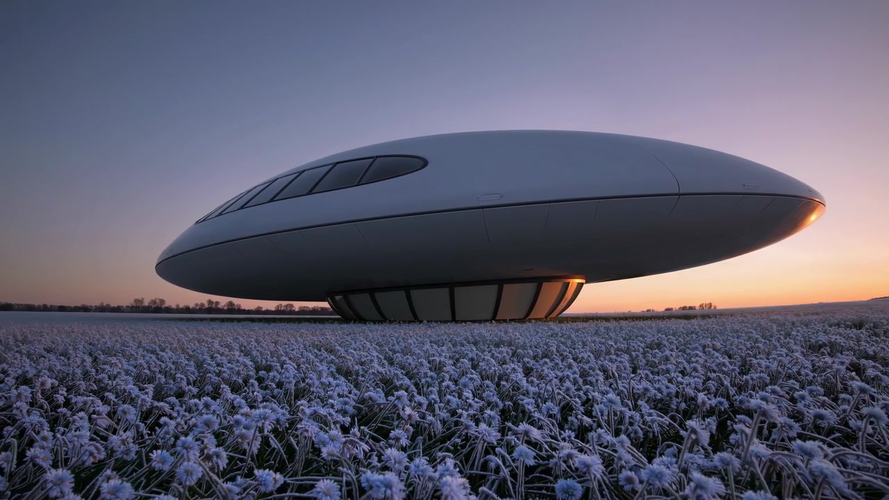 Edificio futuristico a forma di disco in un campo di fiori al tramonto