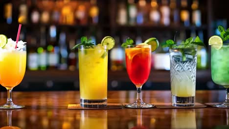 colorful cocktails on a bar counter, shot from a low angle
