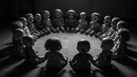 a haunting gathering of antique dolls: eerie dolls arrange in a mysterious circle, their eyes gazing into the darkness, enhancing the sense of foreboding and intrigue