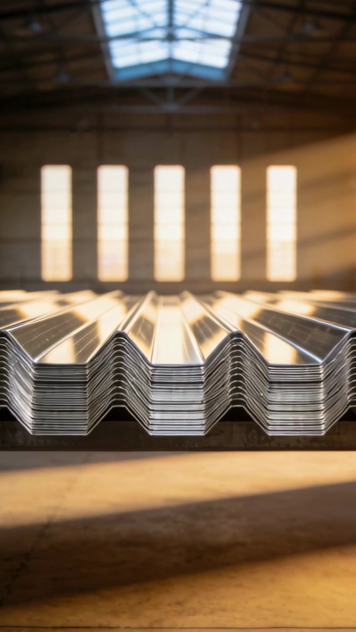 Vertical video: Moving camera revealing corrugated metal panels under tall windows, showing gleams