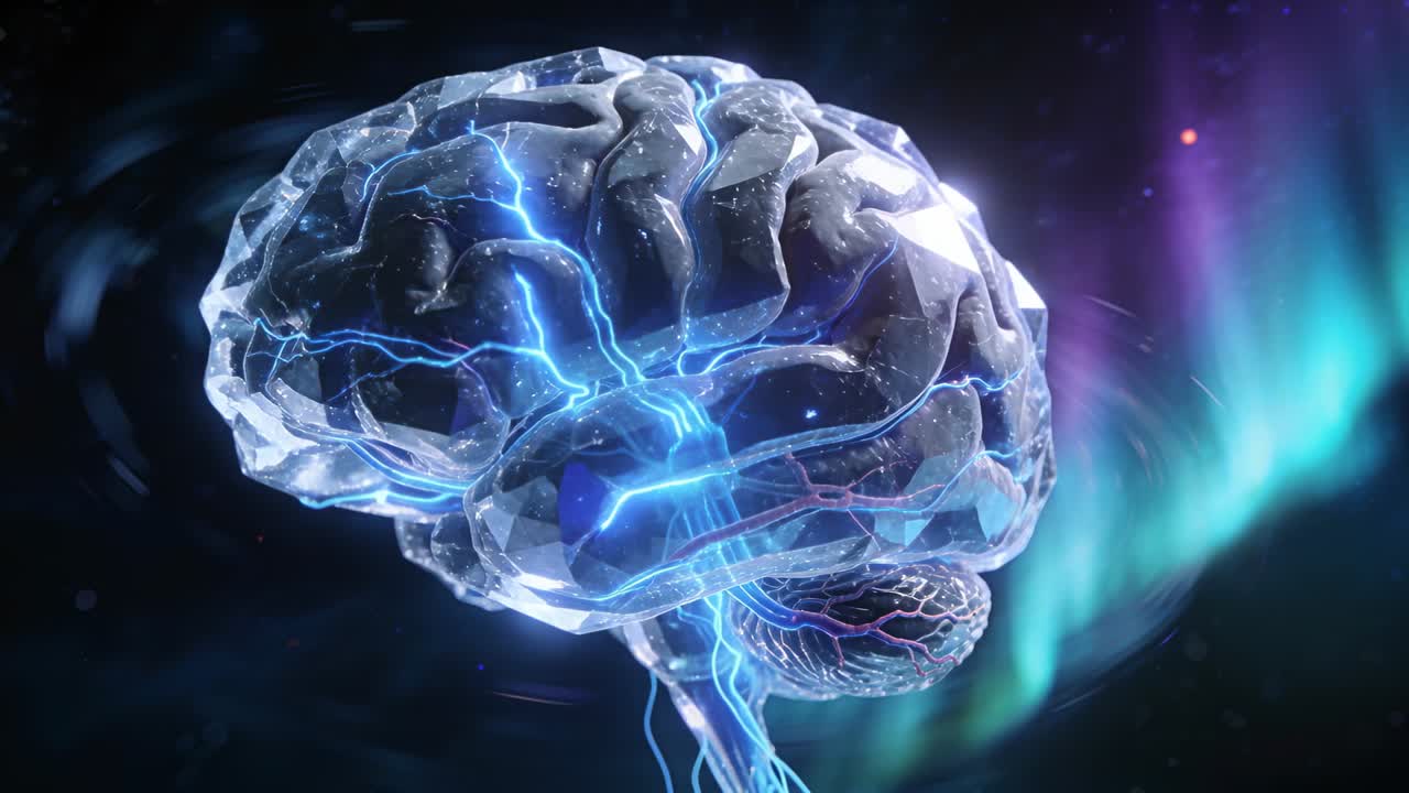 Cérebro de cristal animado girando em um céu de aurora, com correntes azul-elétricas revelando o tronco cerebral.