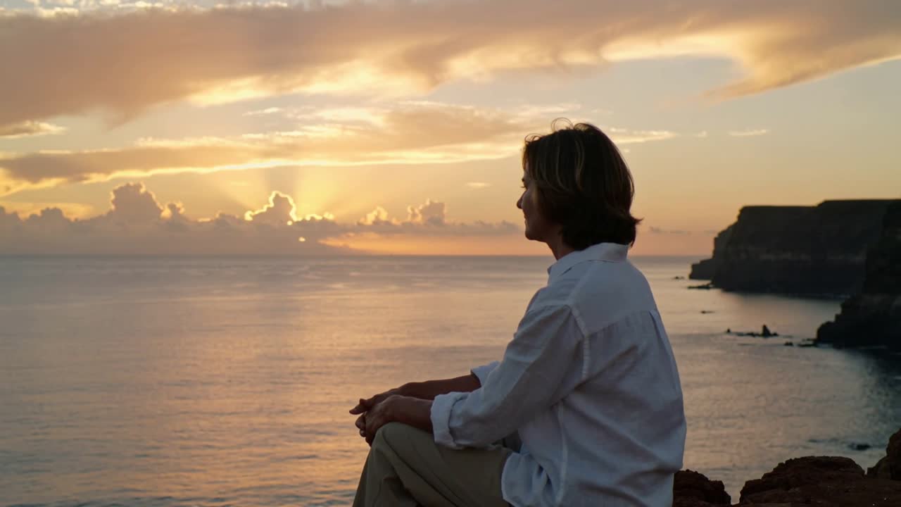 Sitting man white shirt khaki-pants watching sun lowering for sunset over ocean cliff, copy space