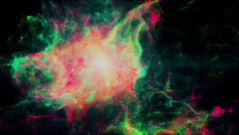 Dunkler-Materienebel-Oder-Galaxie-3d-animation-Mit-Orangefarbenem-Sonnenzentrum-Und-Roten-Und-Grünen-Externen-Kosmischen-Staubclustern,-Die-Im-äußeren-Tiefen-Interstellaren-Weltraumuniversum-Mit-Schwarzem-Hintergrund-Schweben