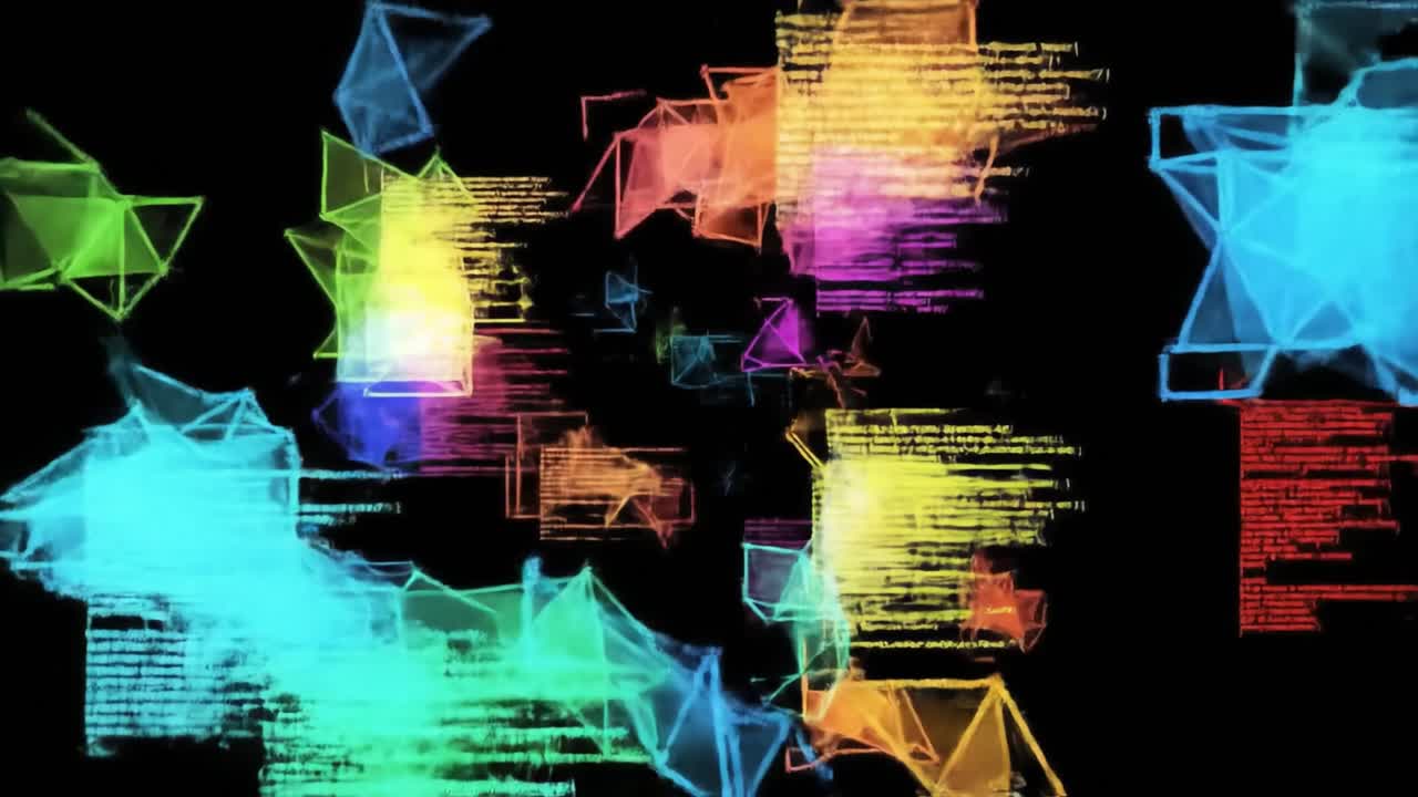 Vivid geometric shapes and colorful code-like elements intertwine, creating an immersive digital environment filled with movement and energy.