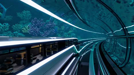 futuristic underwater train through an aquarium tunnel
