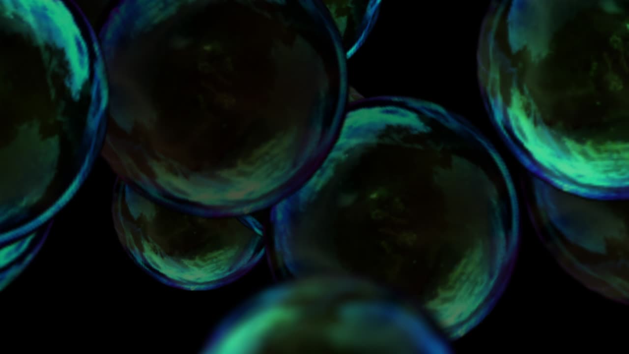 Immersion in a group of soap bubbles rotating around and shimmering green and blue in the light, 3d animation, motion graphic