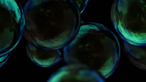 immersion in a group of soap bubbles rotating around and shimmering green and blue in the light, 3d animation, motion graphic