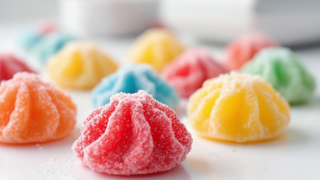 Colorful sugar-coated candies in various shapes and hues are artfully arranged on a white surface, highlighting their vibrant textures and inviting appearance, perfect for sweet treats and desserts