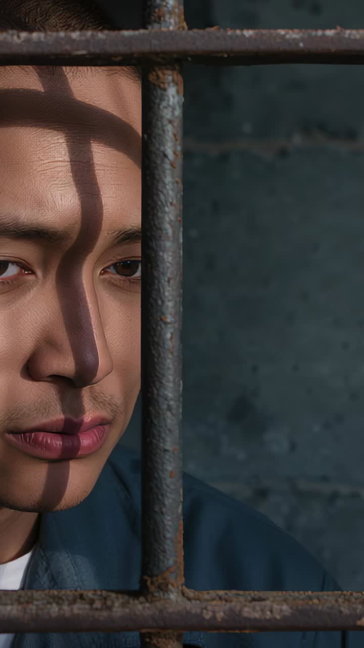 Vertical video: Cam starting pensive Asian man shifting eyes behind rusty bars, coat, copy space