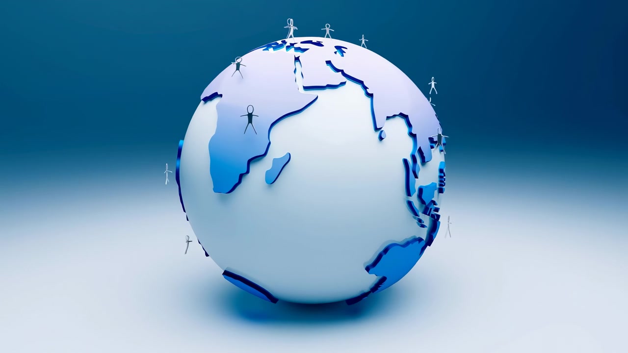 Stylized globe with miniature stick figures pausing on raised continents at mid-sequence