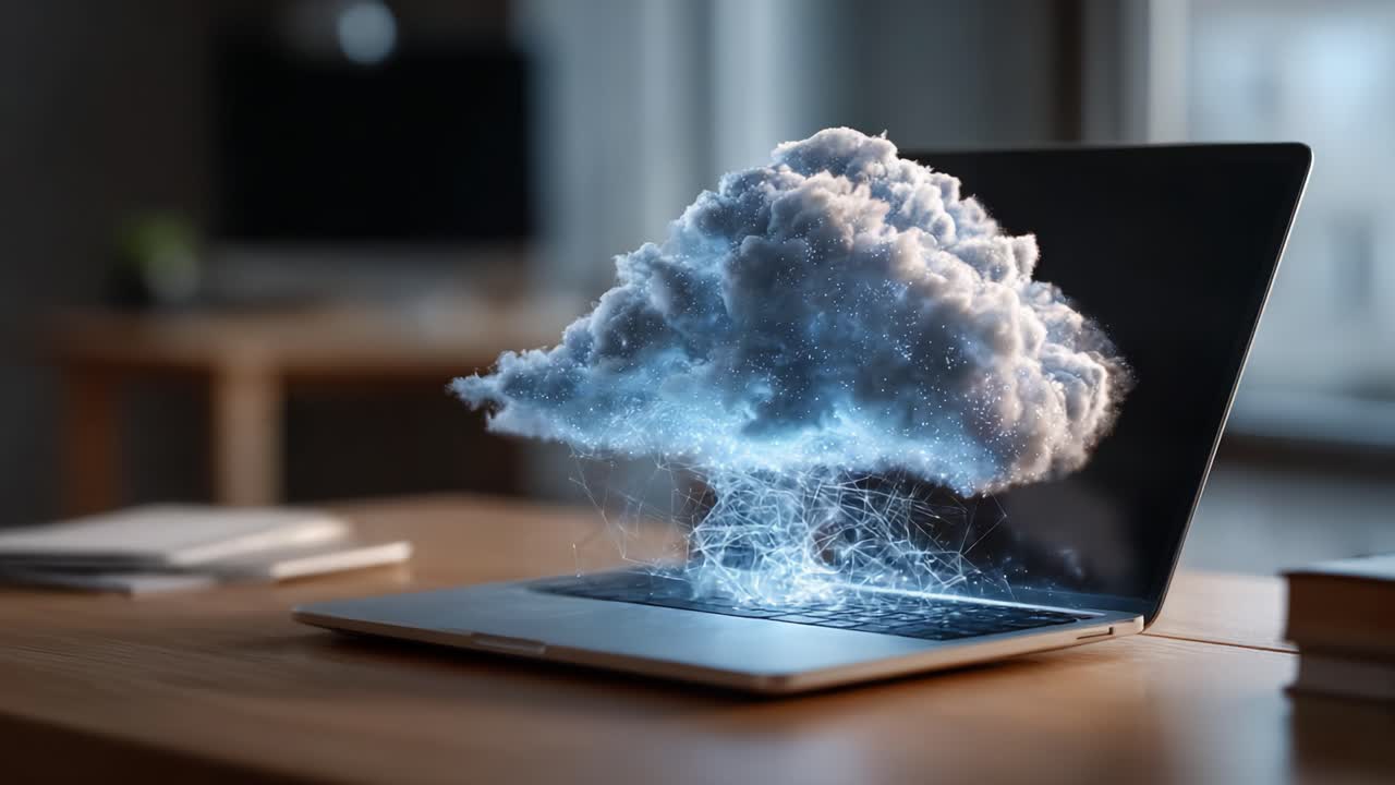 A Futuristic Laptop Displaying a Cloud of Energy, Merging Technology with Imaginative Elements, Suggesting Innovation and Connectivity in the Digital World