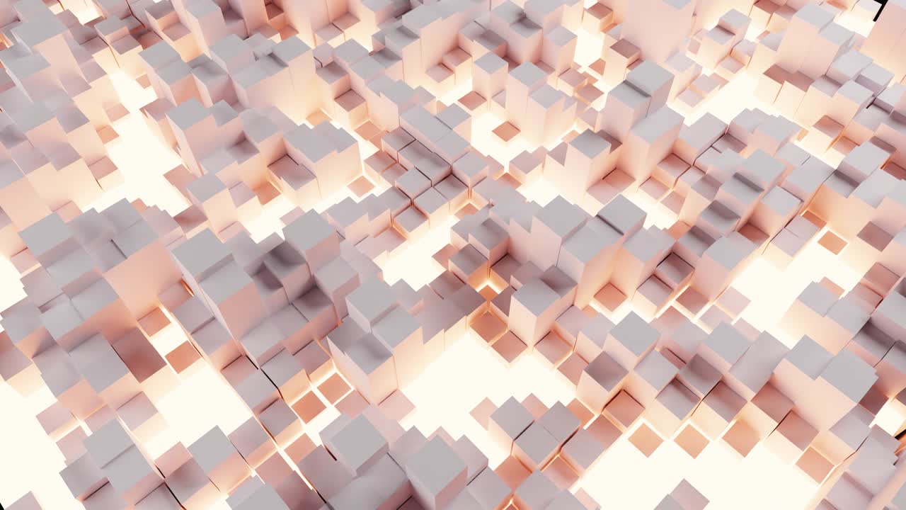 White moving cubes and orange neon lights at the background. 3D rendering animation