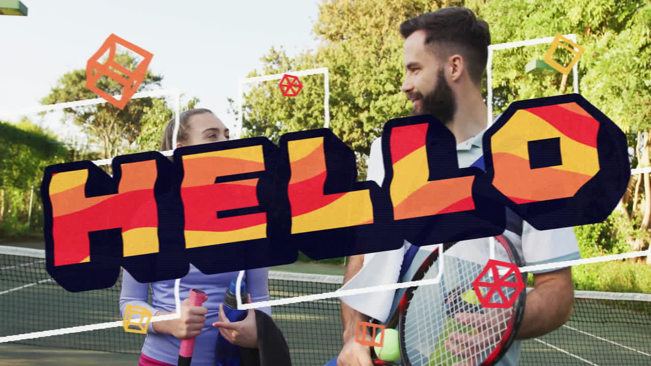 Two tennis players chatting on outdoor court, showing multicolor HELLO overlay in health theme
