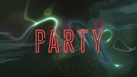 animación del texto de la fiesta sobre formas y fuegos artificiales