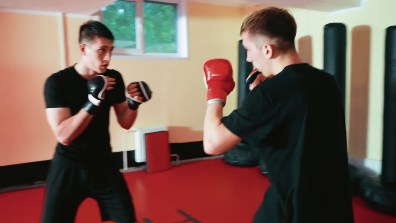 Wrestlers facing each other during sparring session throwing punching inside gym, wearing gloves and black outfits, preparing for combat with focused stances surrounded by upright punching bags on red mat