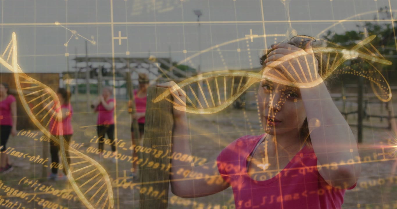 Woman holding post touching hair while camera focusing, DNA helix passing over fitness group