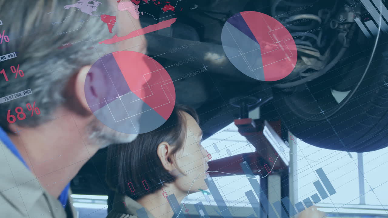 Female mechanic pointing suspension coil in garage, with floating pie charts world map schematics