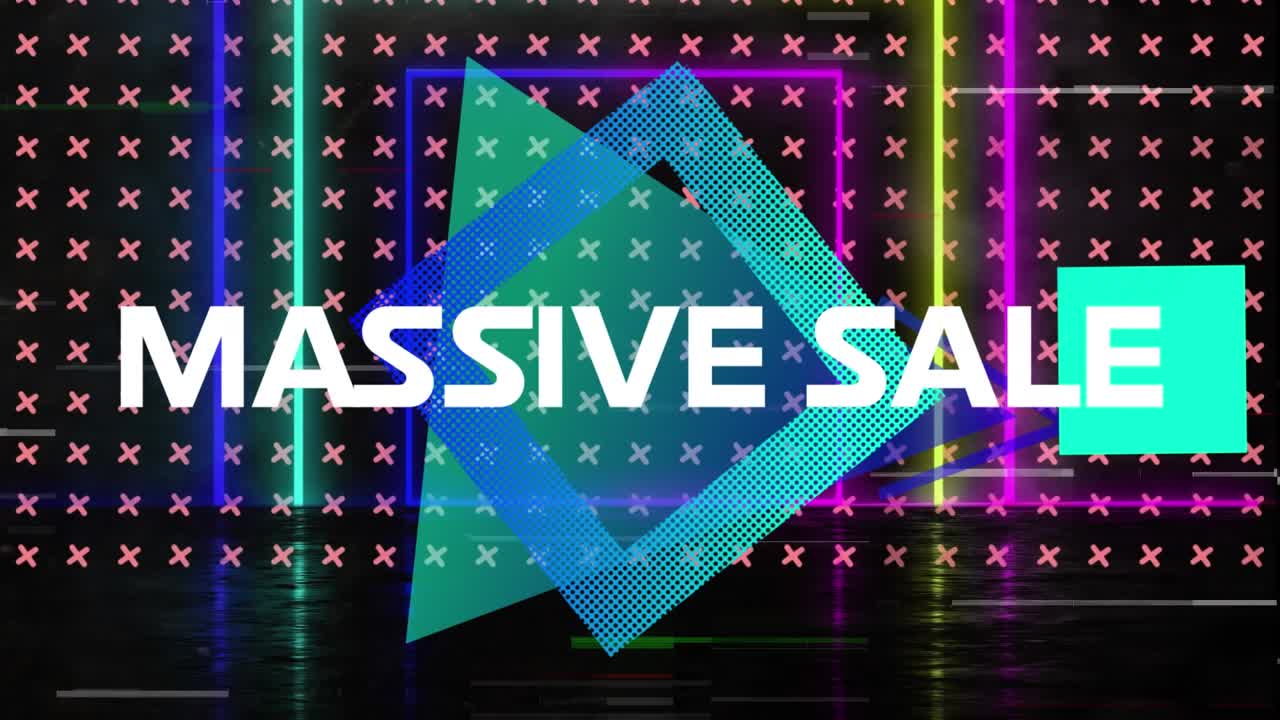 黒い背景にネオンの図形が描かれ、その上に「MASSIVE SALE」の文字がアニメーションで表示される