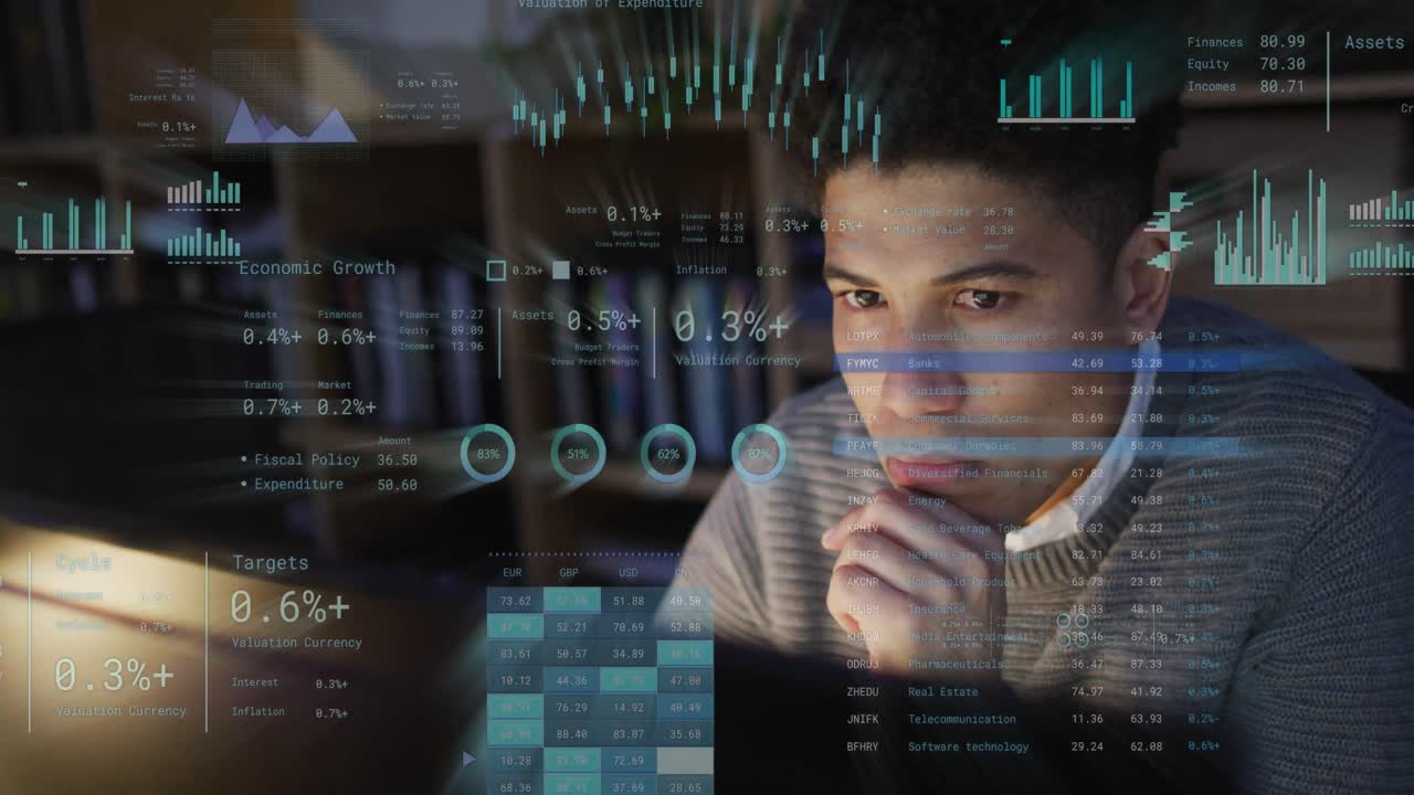 Animation of financial data processing over biracial businessman working in office