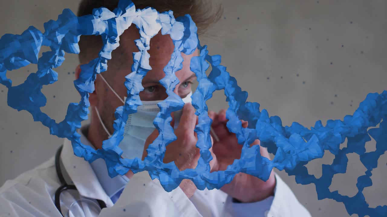 Medico che solleva gli anelli e indossa la maschera, modellando la striscia mentre un'elica del DNA fluttua indicando la genetica