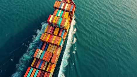 aerial view of a large container ship sailing on the ocean