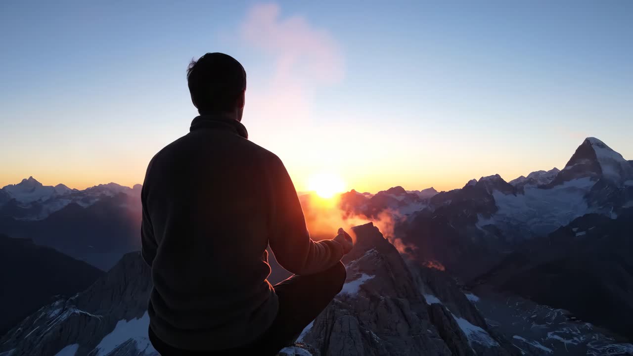 Meditating on a mountain top at sunrise