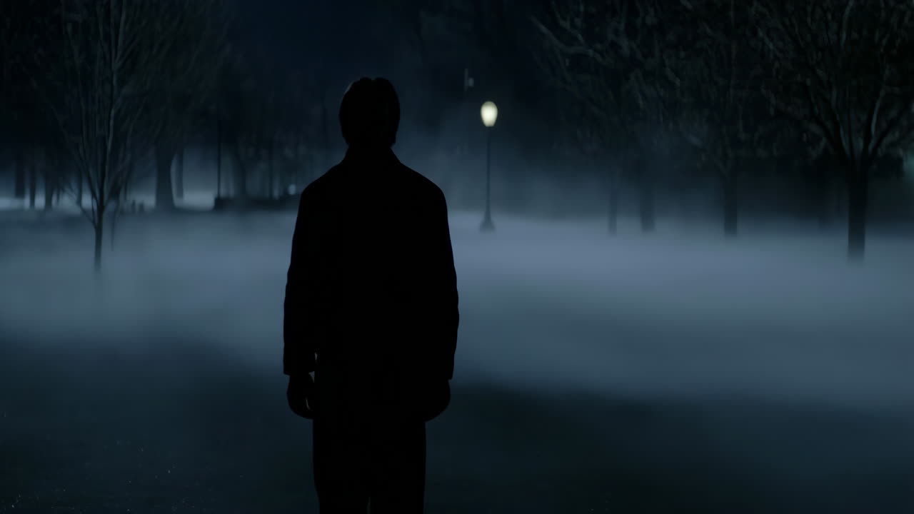 A mysterious figure in a foggy park at night