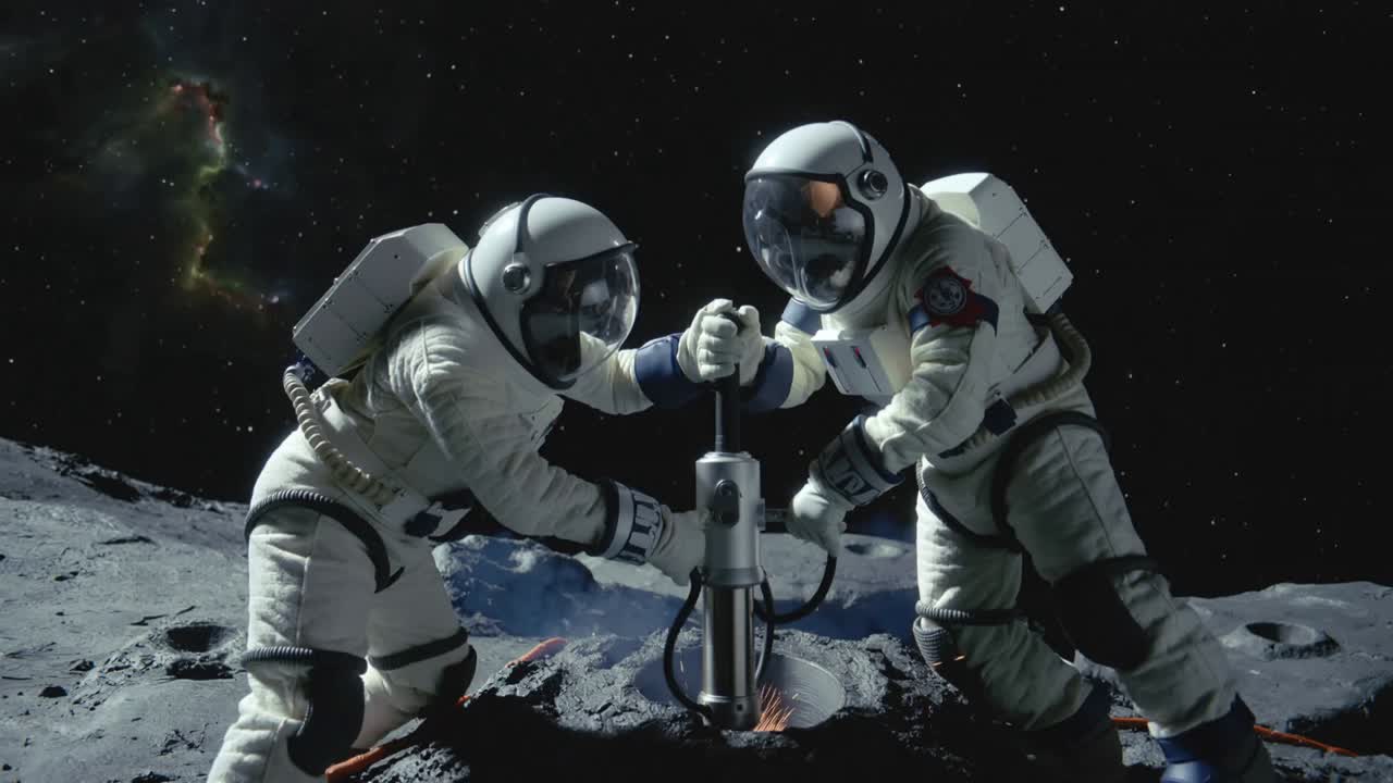 Activating drill, two suited astronauts extracting core from airless rock, creating molten spiral