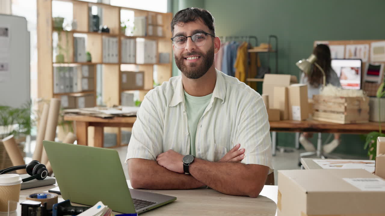 Uomo che lavora in un ufficio con un laptop circondato da scatole