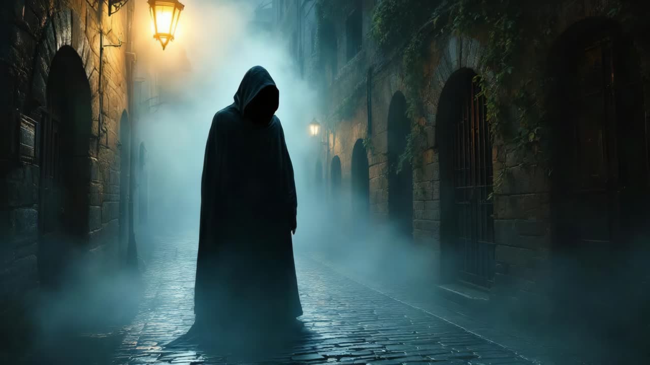 Mysterious cloaked figure emerges through foggy alleyway illuminated by vintage streetlight