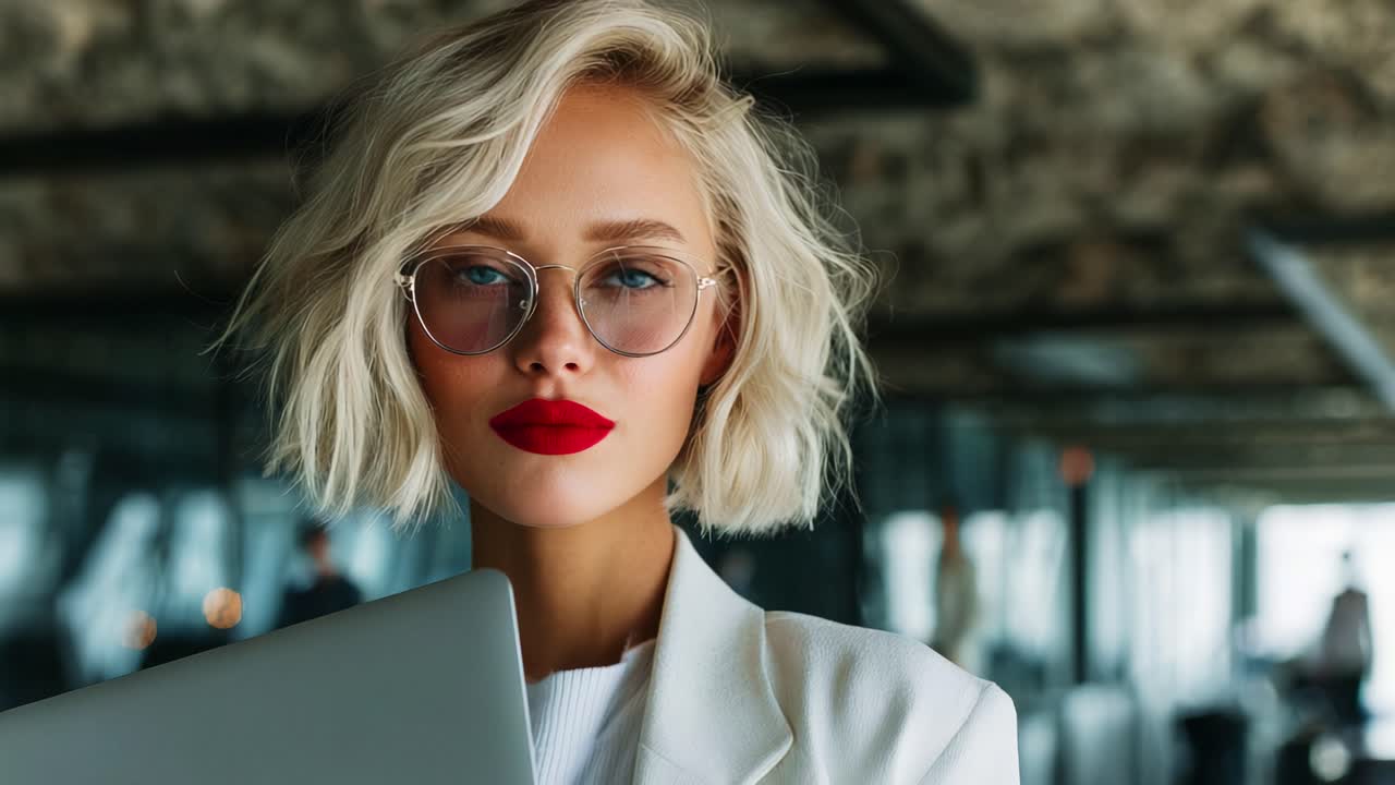 En selvsikker, ung kvinde med kort, blondt hår og markante, røde læber, der poserer med en bærbar computer i et stilfuldt kontormiljø, som fremviser moderne professionalisme og elegance