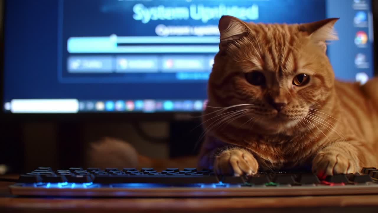 Curious Cat Engaged with Keyboard During System Update, Capturing a Playful Moment of Feline Fascination with Technology