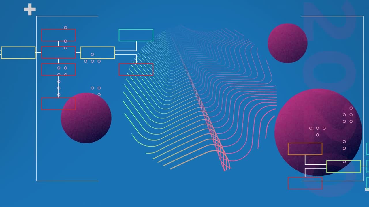 animación de marcadores y formas abstractas procesamiento y tres esferas púrpuras sobre fondo azul