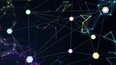 animation of network of connections with digital icons floating over geometric figures