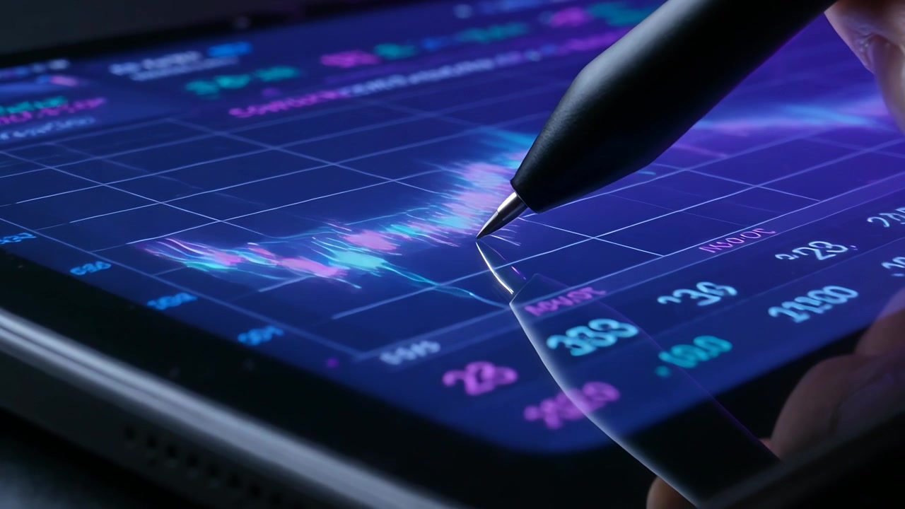 Abaixando a caneta stylus, analista traçando gráfico financeiro neon no tablet na mesa, marcando o pico para análise.