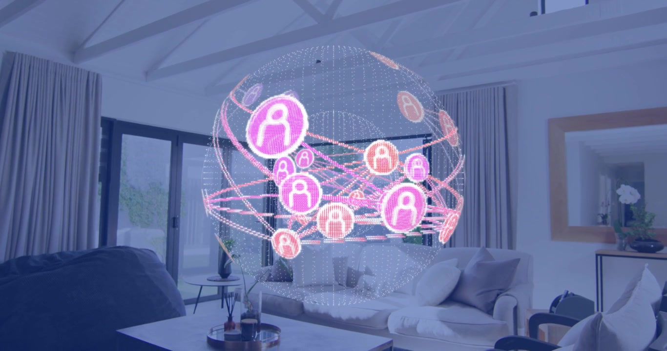 Verticale video: Start afspelen van roze hologrambol die draait in woonkamer en netwerklinks toont.