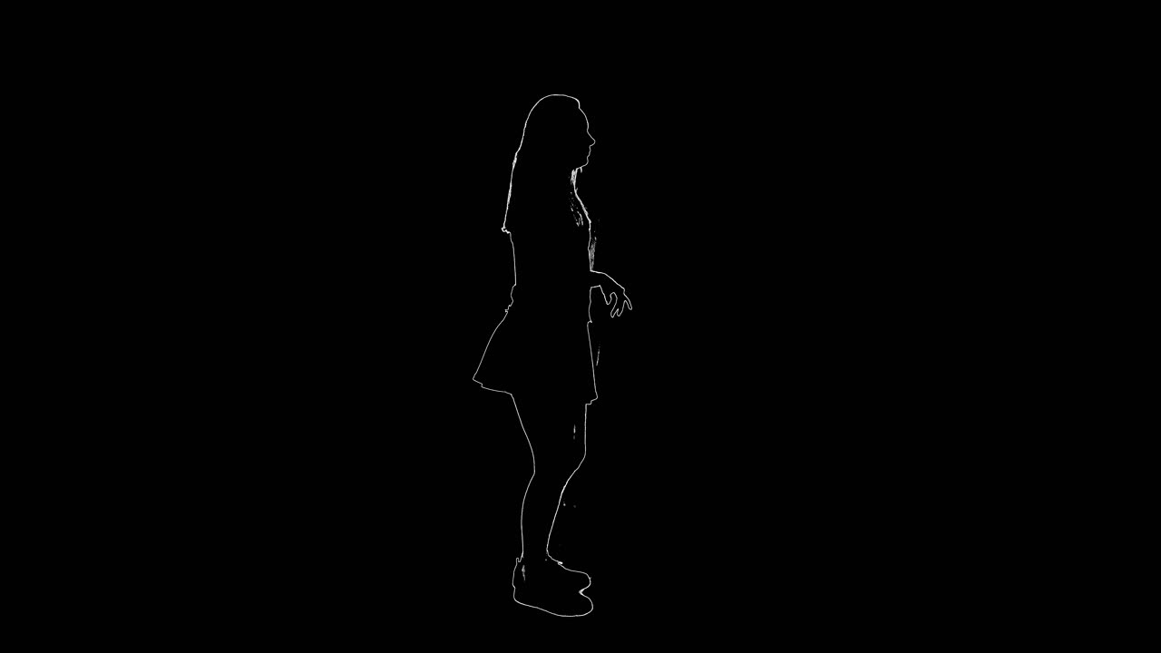 contornos blancos de una niña feliz bailando en un fondo negro