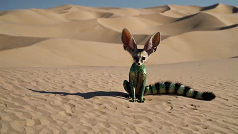 fennec fox with a lizard skin in the desert