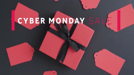 animation of cyber monday sale text over gift tags and boxes