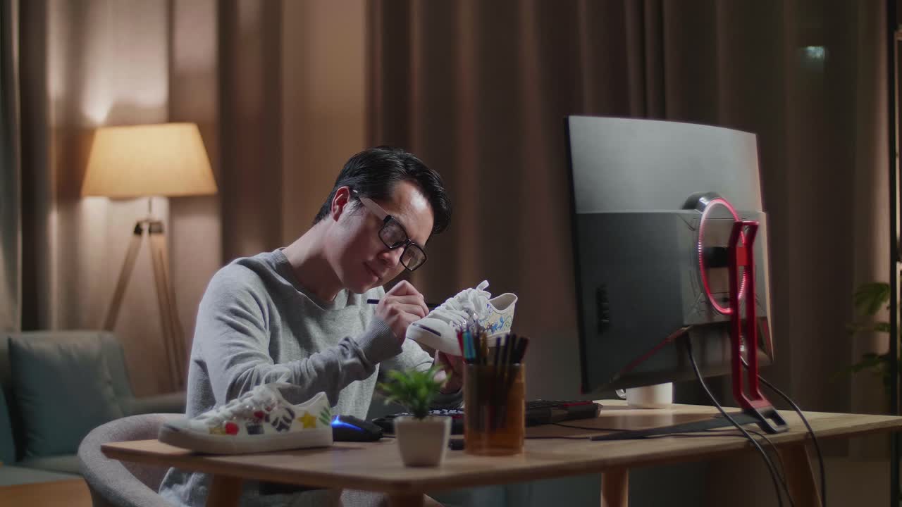 남자가 밤에 집에서 맞춤 스니커를 칠합니다.