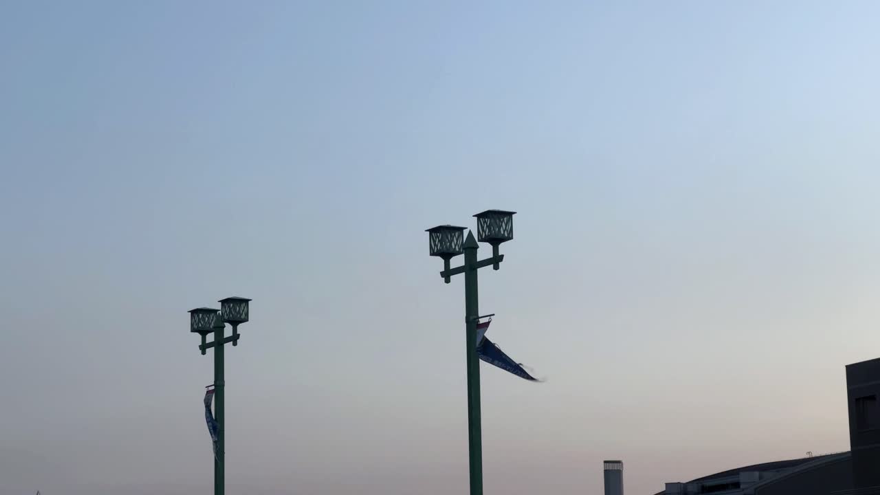 Bandiera strappata che sventola su un lampione contro un cielo crepuscolare