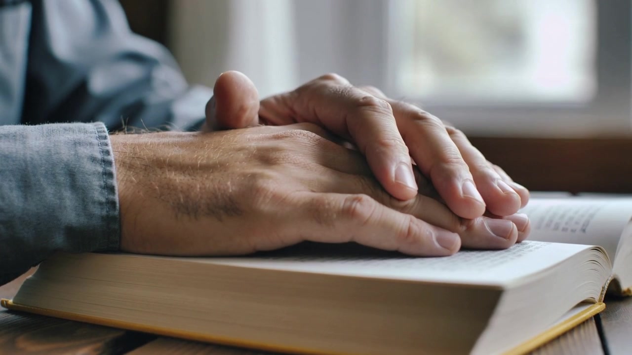 Mani maschili che girano e sollevano le pagine, leggono e poi si posano su un libro su un tavolo di legno con un polsino di jeans